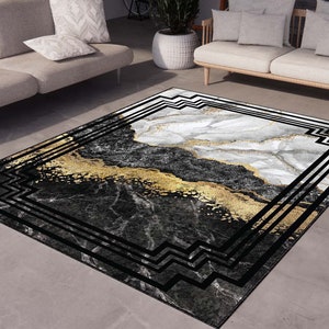 Black Marble Rug, Golden Pattern Black Marble Rug, Rugs for Living Room And Bedroom, Washable Rug, Custom Rug, Personalized Rug, Gift Rug