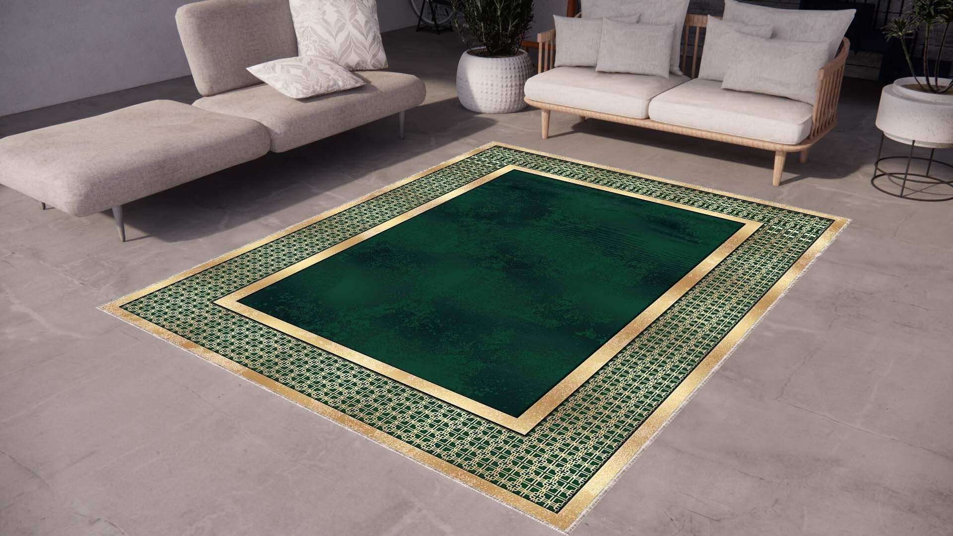 Goldan Rug Green With Golden Rug, Gold Striped Rug, Washable Area Rugs, Rugs for ...