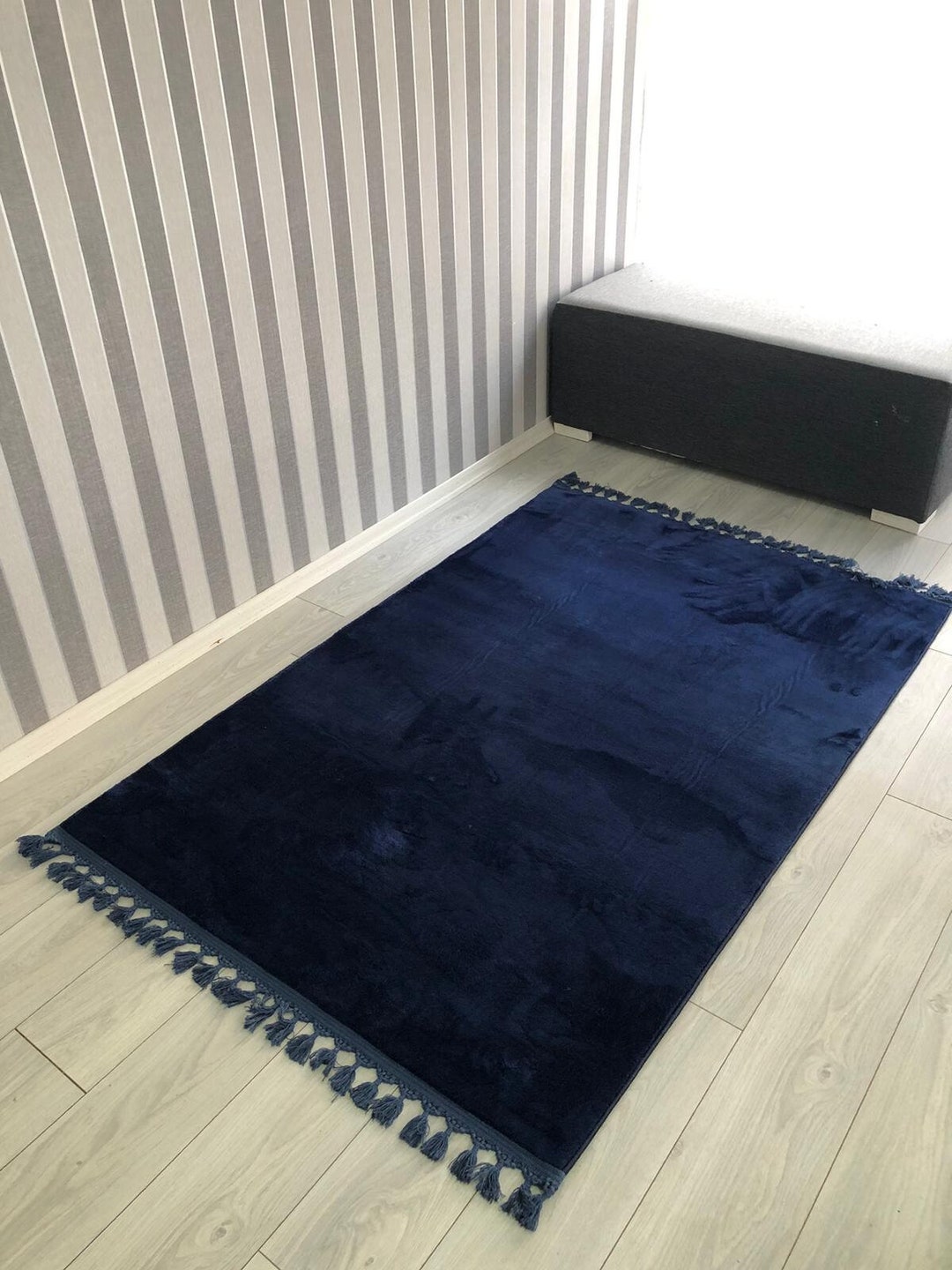Dark Blue Plush Rug, Navy Feather Rug, Fringed Rug, Navy Soft Rug, for