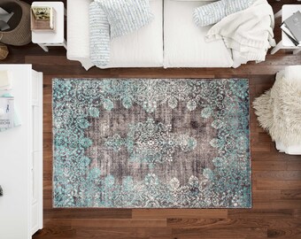 Gray With Blue Wintage Pattern Rug, Washable Area Rugs, Rug for Living Room, Oriental Rug, Designer Rug, Rugs for Bedroom, Digital Print Rug