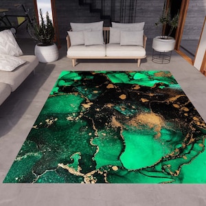 Emerald Green Marble Rug, Rugs for Living Room, Rug for Bedroom, Washable Rug, Digital Print Rug, Modern Rug, Personalized Rug, Art Deco Rug
