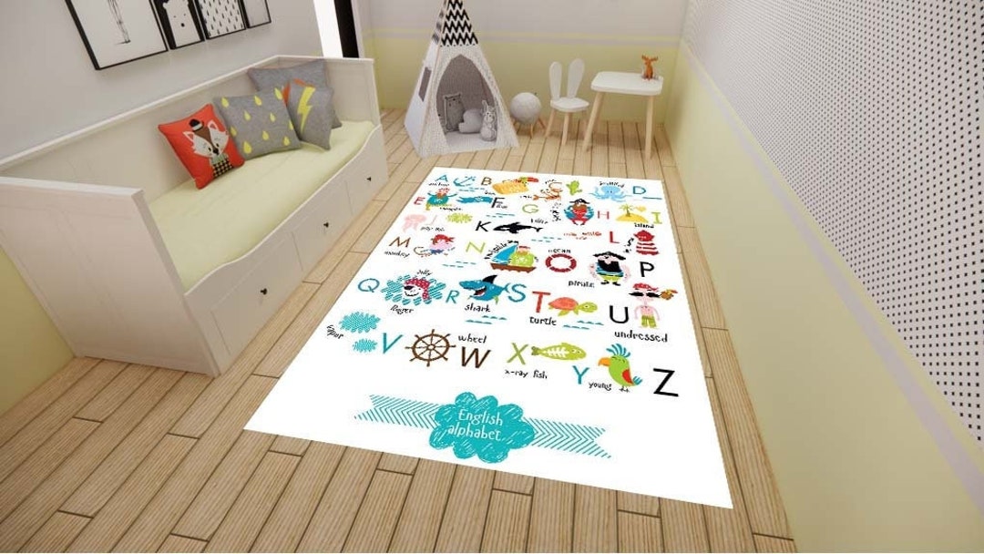 English Word Kids Rug, Animal Print Kids Rug, Personalized Rug, Rugs ...