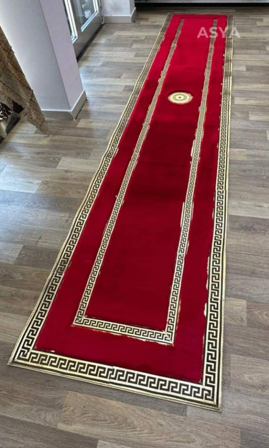 Luxurious Red Plush Rug With Gold Trim, Elegant Faux Fur Area Carpet ...