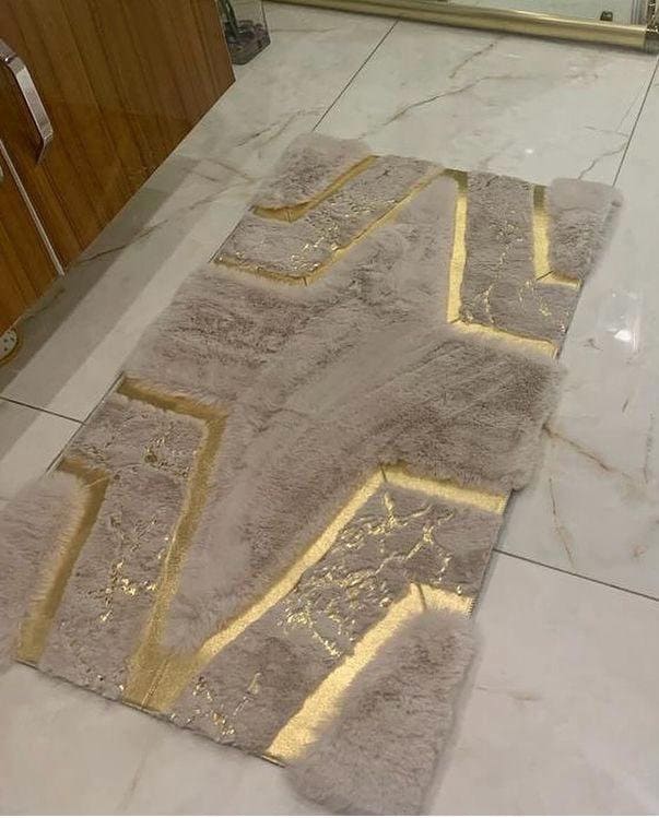 Beige Fur Carpet, Beige With Gold Fur Rug, Shaggy and Leather Carpet ...