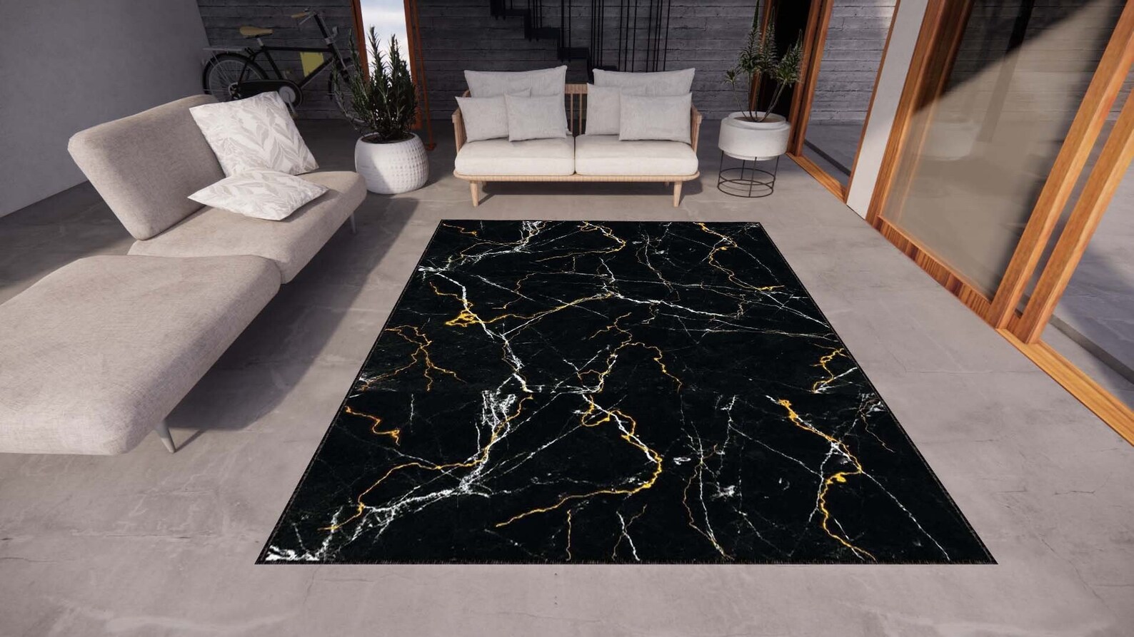 Black Marble Rug, Golden and Silwer Striped Rug, Rugs for Living Room ...