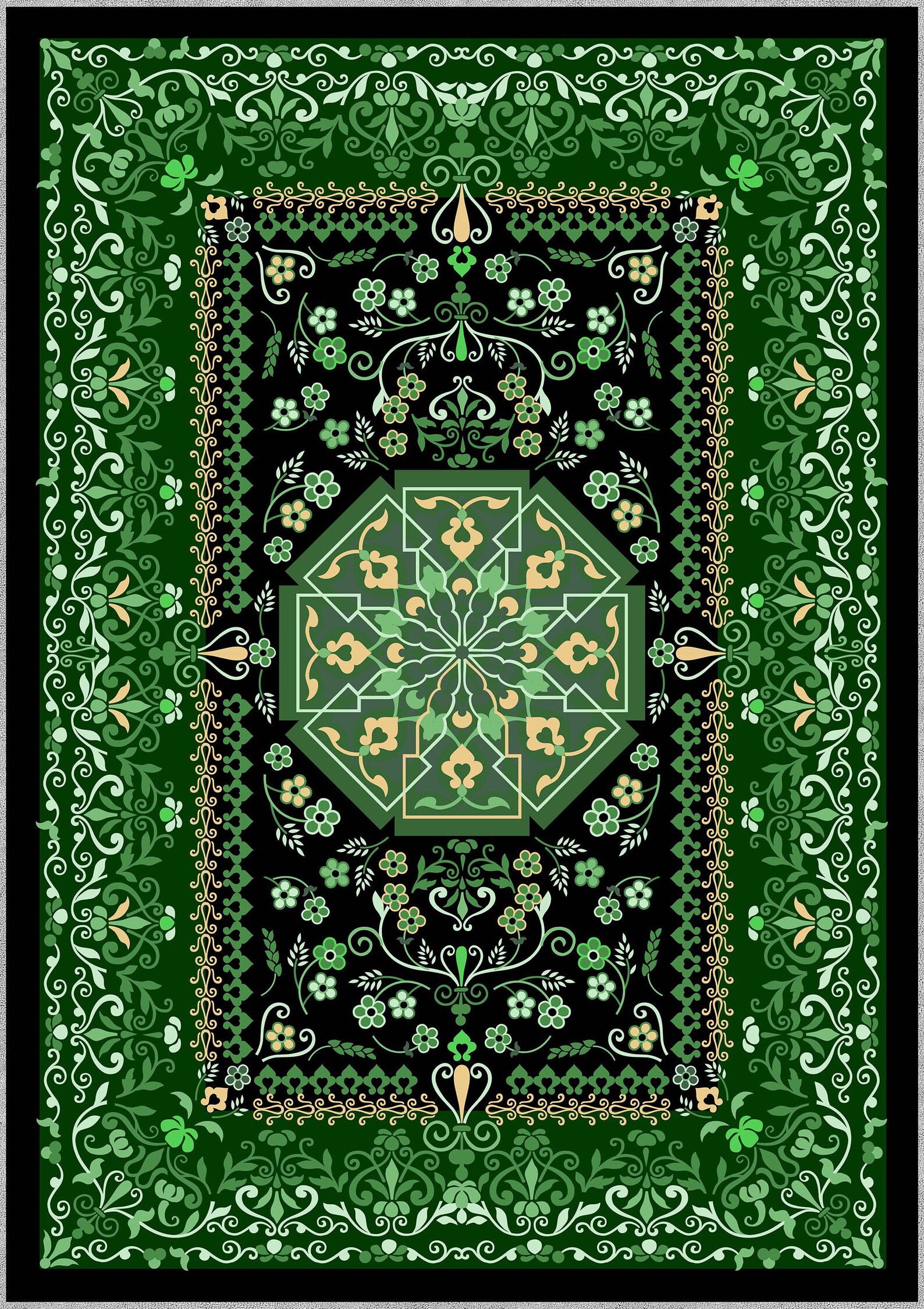 Emerald Green Rug Black Rug Floral Pattern Rug Washable Etsy