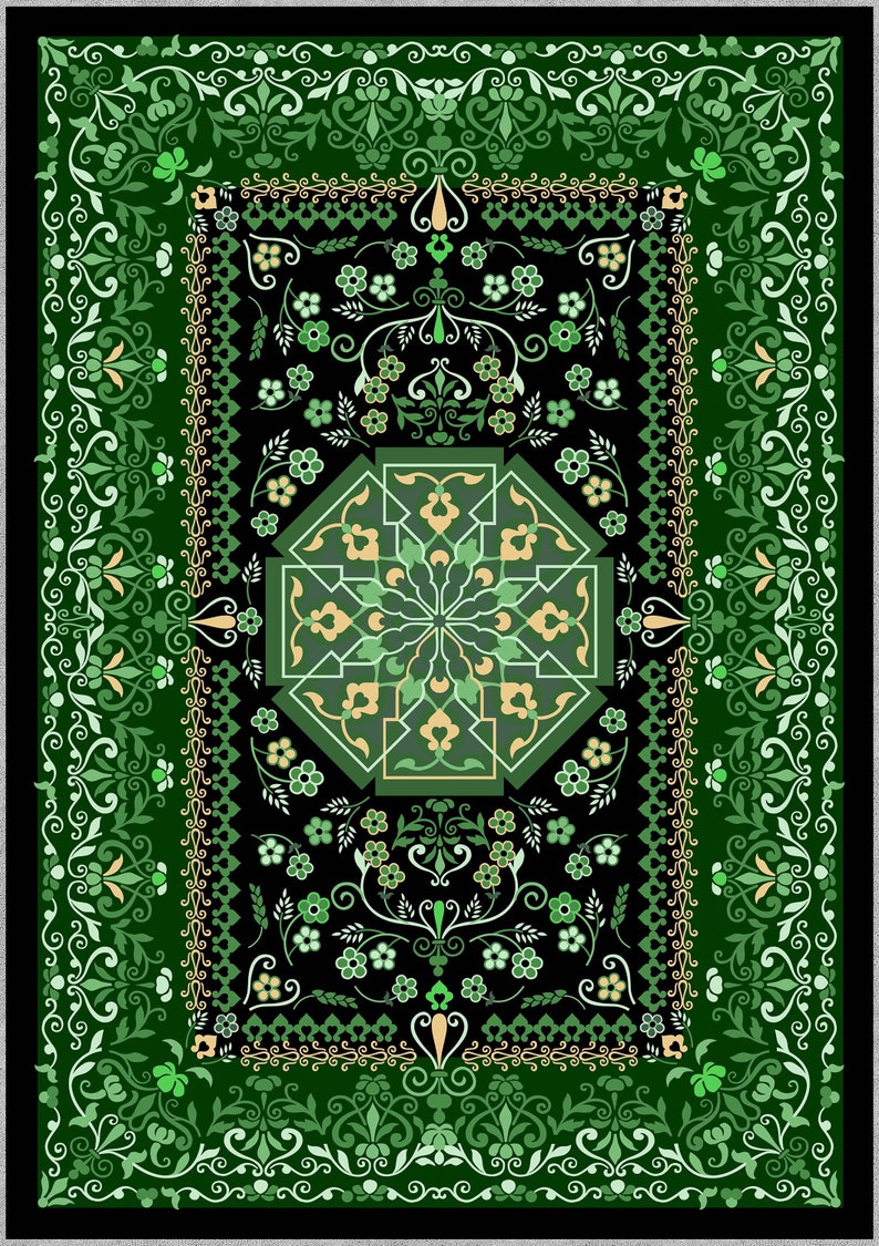 Emerald Green Rug, Black Rug, Floral Pattern Rug, Washable Area Rugs, Rugs for Living Room, Rugs for Bedroom, Digital Print Rug, Modern Rug image 4