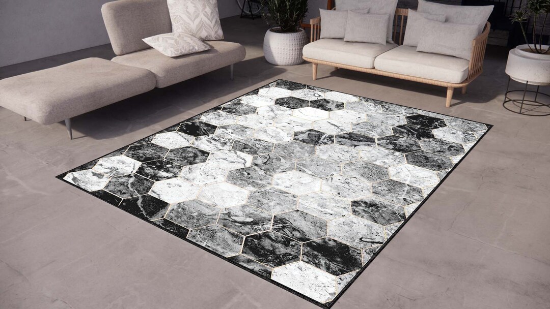 Black With Gray Geometric Pattern Rug, Rugs for Living Room, Rug for ...