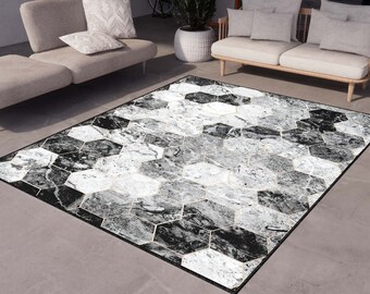 Schwarzer Teppich mit grauem geometrischem Muster, Teppich für Wohnzimmer, Teppich für Schlafzimmer, Waschbarer Teppich, Digitaldruck Teppich, Moderner Teppich, Personalisierter Teppich