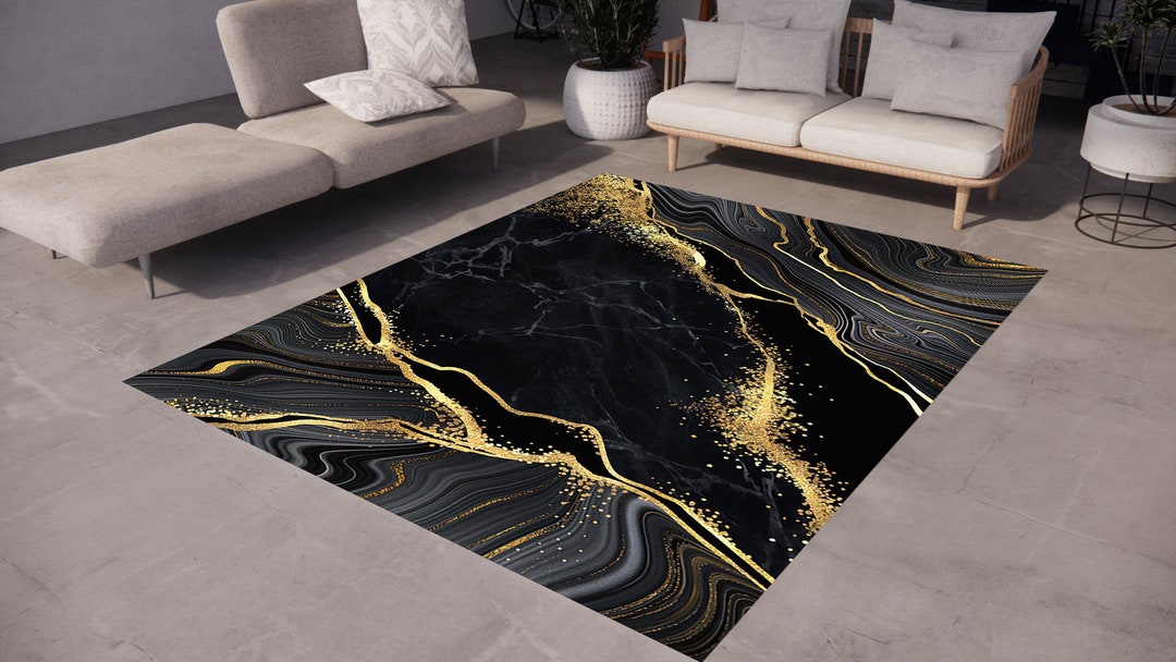 Golden Striped Black Marble Rug, Black Marble Rug, Washable Area Rugs
