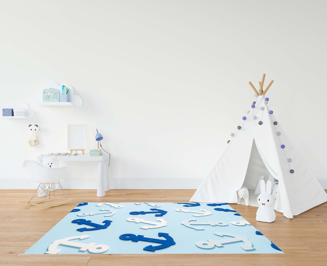 Patterned Rug Kids Anchor Pattern Kids Rug, Blue White Kids Rug, Personalized Rug, Rugs ...