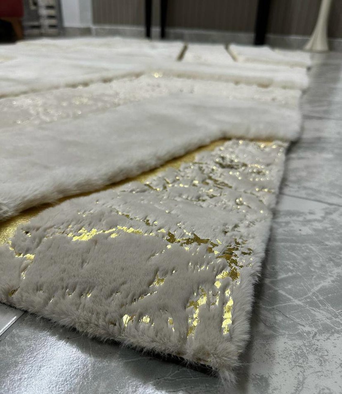 Beige Fur Carpet, Beige With Gold Fur Rug, Shaggy and Leather Carpet ...