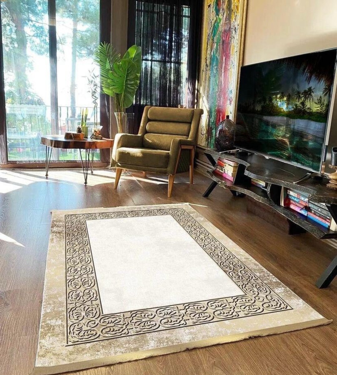 Golden Striped Beige Rug, Beige Gold Rug, Washable Area Rugs, Rugs for ...