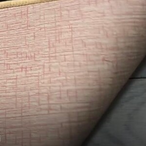 May include: A light pink fabric with a textured, grid-like pattern of thin, darker pink lines. The material has a soft, slightly fuzzy appearance and features a distinct, rounded edge finished with a light beige or cream-colored trim.