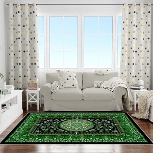 Emerald Green Rug, Black Rug, Floral Pattern Rug, Washable Area Rugs, Rugs for Living Room, Rugs for Bedroom, Digital Print Rug, Modern Rug image 2