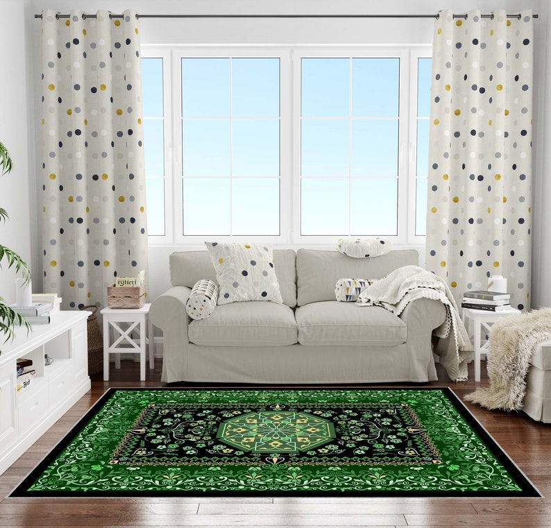 Emerald Green Rug, Black Rug, Floral Pattern Rug, Washable Area Rugs, Rugs for Living Room, Rugs for Bedroom, Digital Print Rug, Modern Rug image 2