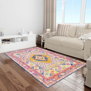 Pink Blue Geometric Rug, Washable Area Rugs, Rugs for Living Room, Oriental Rug, Designer Rug, Rugs for Bedroom, Digital Print Rug, Custom
