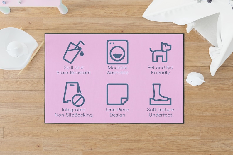 Puede incluir: Alfombra rosa y azul con iconos que representan caracter&iacute;sticas como resistente a las manchas y derrames, lavable a m&aacute;quina, apta para mascotas y ni&ntilde;os, respaldo antideslizante integrado, dise&ntilde;o de una sola pieza y textura suave bajo los pies.