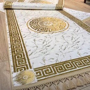 Gold With White Rug, Gold Pelush Rug, Gold Striped Rug, Gold Fringe Rug, Leather Sole Rug, Luxury Rug, Rugs For Living Room And Bedroom