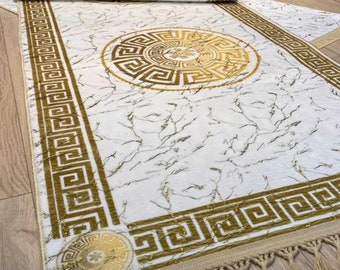 Gold With White Rug, Gold Pelush Rug, Gold Striped Rug, Gold Fringe Rug, Leather Sole Rug, Luxury Rug, Rugs For Living Room And Bedroom