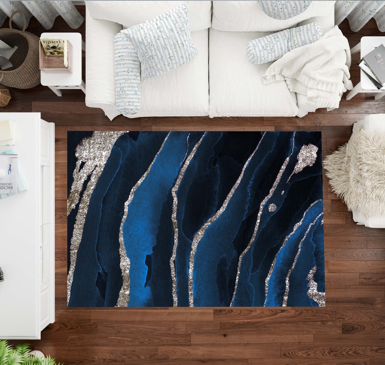 Blue Marble Rug Pattern Dark Blue Marble Rug, Silver and Blue Rug, Rugs for Living Room, Rugs ...