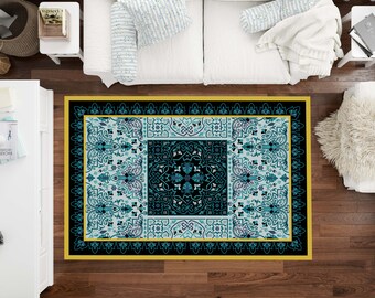 Blue And Yellow Wintage Rug, Washable Area Rugs, Rugs for Living Room, Floreal Rug, Designer Rug,  Digital Print Rug, Custom Rug, Luxury Rug