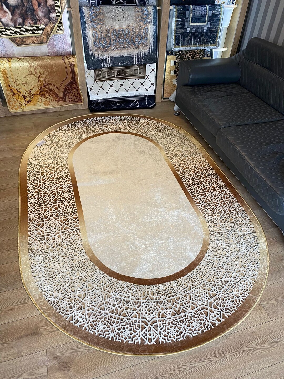 Golden Striped Beige Rug, Rugs for Living Room and Bedroom, Washeble ...