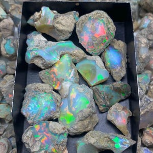 Könnte beinhalten: Eine Sammlung roher Opal-Edelsteine in einer schwarzen Schale. Die Opale zeigen eine Vielzahl von Farben, darunter schillernde Blitze in Blau, Grün, Rot und Gelb. Die Opale sind vor einem Hintergrund aus kleineren, ähnlichen Steinen angeordnet.