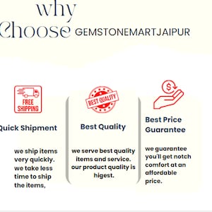 Op de afbeelding: Afbeelding met tekst die zegt "why choose GEMSTONEMARTJAIPUR". De afbeelding bevat ook pictogrammen en tekst met de tekst "Quick Shipment", "Best Quality" en "Best Price Guarantee".