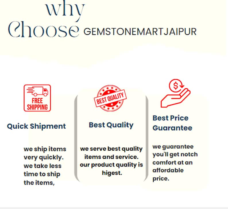 Op de afbeelding: Afbeelding met tekst die zegt "why choose GEMSTONEMARTJAIPUR". De afbeelding bevat ook pictogrammen en tekst met de tekst "Quick Shipment", "Best Quality" en "Best Price Guarantee".