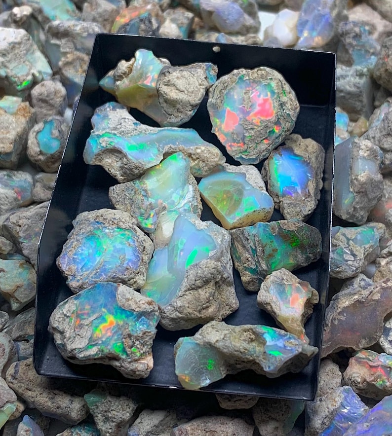 Op de afbeelding: Een verzameling ruwe opalen in een zwarte bak. De opalen vertonen een verscheidenheid aan kleuren, waaronder blauw, groen en rood, met een glinsterend, iriserend effect. De opalen zijn omgeven door ruw, grijs gesteente.