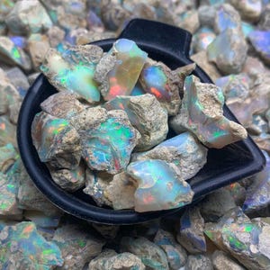 Op de afbeelding: Een zwarte schep gevuld met ruwe opaal edelstenen, met levendige kleurflitsen. De opalen tonen een mix van blauw, groen en rood, tegen een achtergrond van andere ruwe opaalstenen. De opalen hebben een ruwe, natuurlijke textuur.