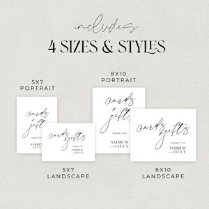 May include: Four different sizes and styles of printable wedding card and gift box signs. The signs are white with black calligraphy text that reads "cards & gifts" and "Thank You Andrew & Lucy".