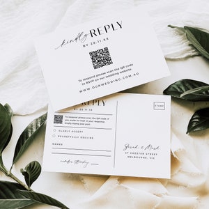 Carte postale QR Code RSVP, carte de réponse en ligne, carte de réponse de mariage moderne, carte de réponse de code QR minimaliste, mariage minimaliste - VP001