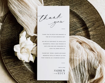 Minimalist Thank You Place Card, Thank You Napkin Note, Printable Thank You, Place Setting Thank You, Editable, Wedding Table VP001