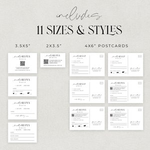 May include: Eleven different sizes and styles of wedding reply cards and RSVP postcards. The cards are white with black text and include a QR code, a space for the guest's name, and a section for the guest to indicate whether they will accept or decline the invitation. The postcards are also white with black text and include a space for the guest's name, address, and dietary requirements. The text on the cards reads "Kindly Reply" and "Kindly RSVP".