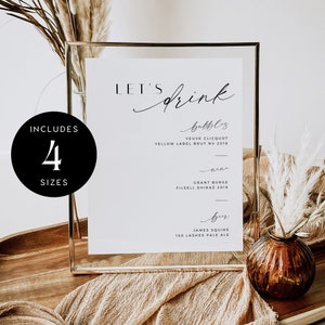 Minimalist Wedding Bar Menu Template, Modern Editable Printable Wedding Let&#39;s Drink Sign Template, DIY Modern Minimal Bar Sign - VP001