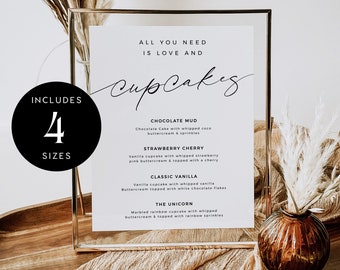 Tabliczka menu na babeczki, wszystko czego potrzebujesz to miłość i babeczki, drukowana stacja baru z babeczkami weselnymi, edytowalny szablon deseru weselnego - VP001