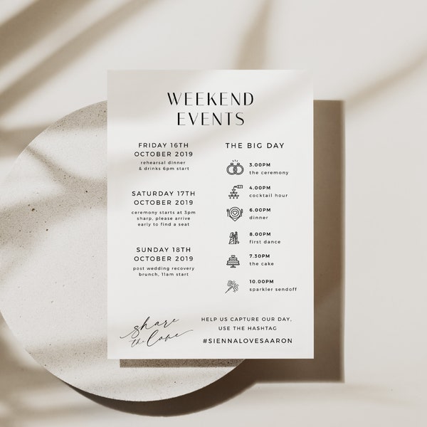 Mariage Welcome Bag Note & Timeline, Wedding Weekend Timeline Printable, Wedding Order of Events Template, Minimalist - VP001