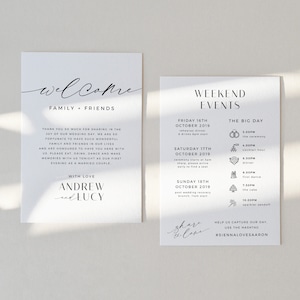 Carta de bienvenida minimalista, plantilla de línea de tiempo de boda, orden de eventos de boda moderno, itinerario de boda, nota de bienvenida - VP001