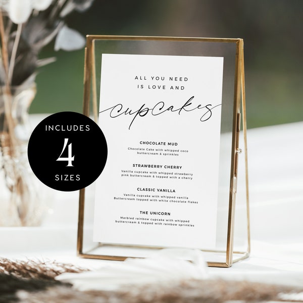 Cupcake Menu Sign, All You Need is Love & Cupcakes, Printable Wedding Cupcake Bar Station, Editable Wedding Dessert Template - VP001