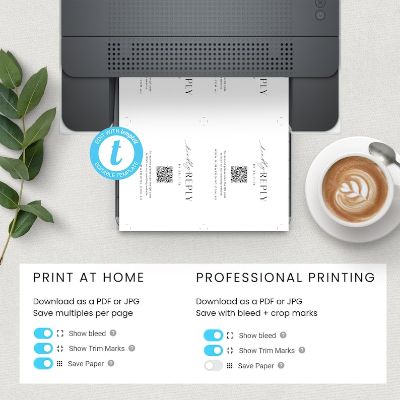 May include: A printable wedding RSVP card template with a modern design. The card features the text "kindly REPLY by 24.11.19" and a QR code. The template can be downloaded as a PDF or JPG and printed at home or professionally.