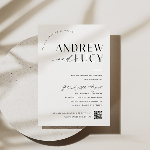 Engagement Party Invite With QR Code Template, Photo Engagement Party Invite, Modern Couples Shower Invite - VP001