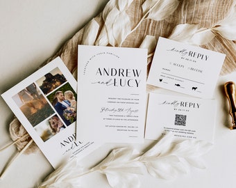 Wedding Invitation with Photo on Back, Minimalist Wedding Invite Suite, Minimal Invite, Simple Editable Invite Template - VP001