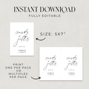 May include: Printable wedding card and gift box sign with the text "cards & gifts" in black script font. The sign also includes the names "Andrew & Lucy" and the text "Thank You". The sign is 5x7 inches.