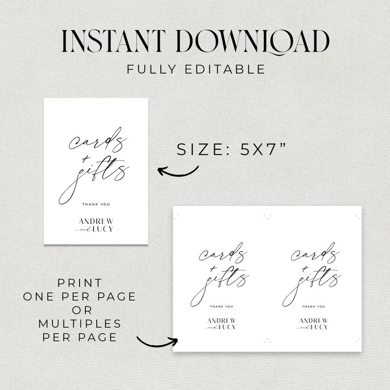 May include: Printable wedding card and gift box sign with the text "cards & gifts" in black script font. The sign also includes the names "Andrew & Lucy" and the text "Thank You". The sign is 5x7 inches.