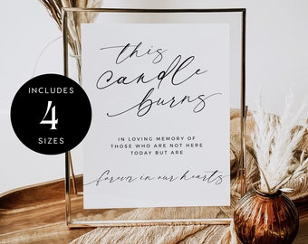 May include: A white sign in a gold frame with the text "This candle burns in loving memory of those who are not here today but are forever in our hearts".
