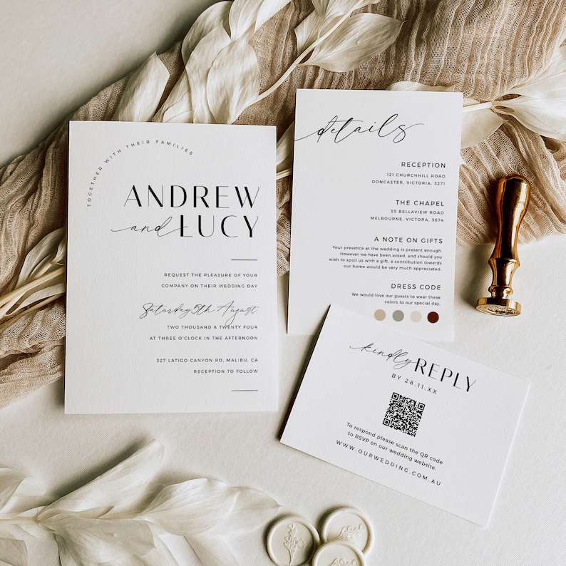 Printable Wedding Invitation with Qr Code, Minimalist Wedding Invite Suite, Minimal Invite, Simple Editable Invite Template VP001 image 1