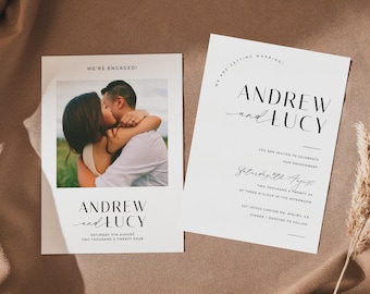 May include: Two white cards with black text announcing an engagement and wedding. The engagement card features a photo of a couple kissing. The text reads "We're engaged!" and "Andrew and Lucy" with the date "Saturday 5th August Two Thousand & Twenty Four". The wedding card reads "We are getting married!" and "Andrew and Lucy". The text also includes the date and time of the wedding: "Saturday 5th August Two Thousand & Twenty Four at Three O'Clock in the Afternoon" and the location: "327 Latigo Canyon Rd, Malibu, CA".