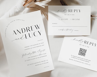 Wedding Invitation QR Code Rsvp, Minimalist Wedding Invite Suite, Minimal Invite, Simple Editable Invite Template - VP001